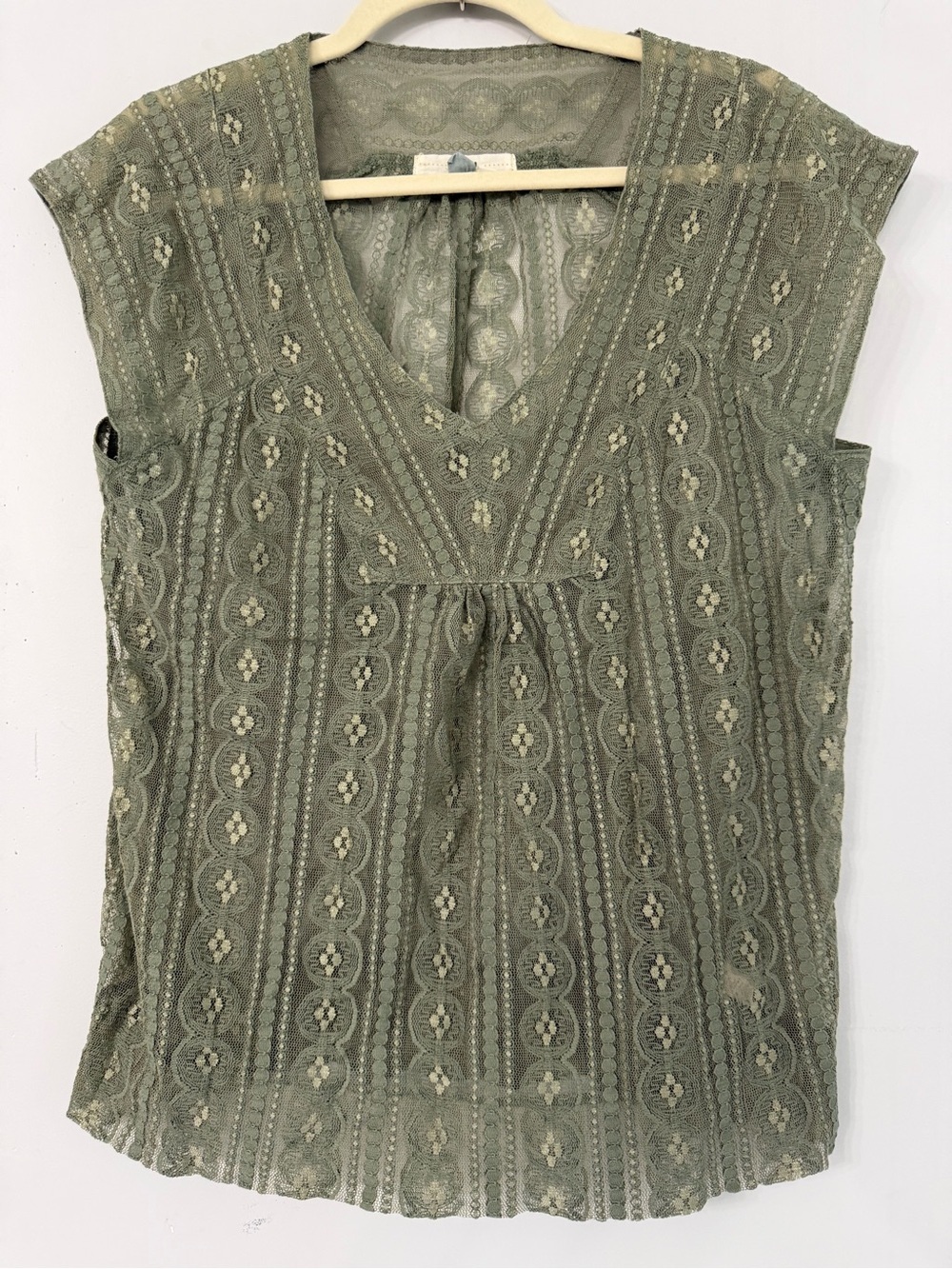 Fossil Women’s Large Sage Green V-Neck Sheer Lace Cap Sleeve Blouse summer boho